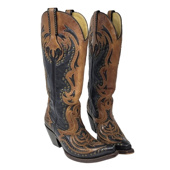 Corral Studded Inlay Leather Pointed Toe Western Cowboy Boots Country Size 7.5 M - Picture 2 of 10